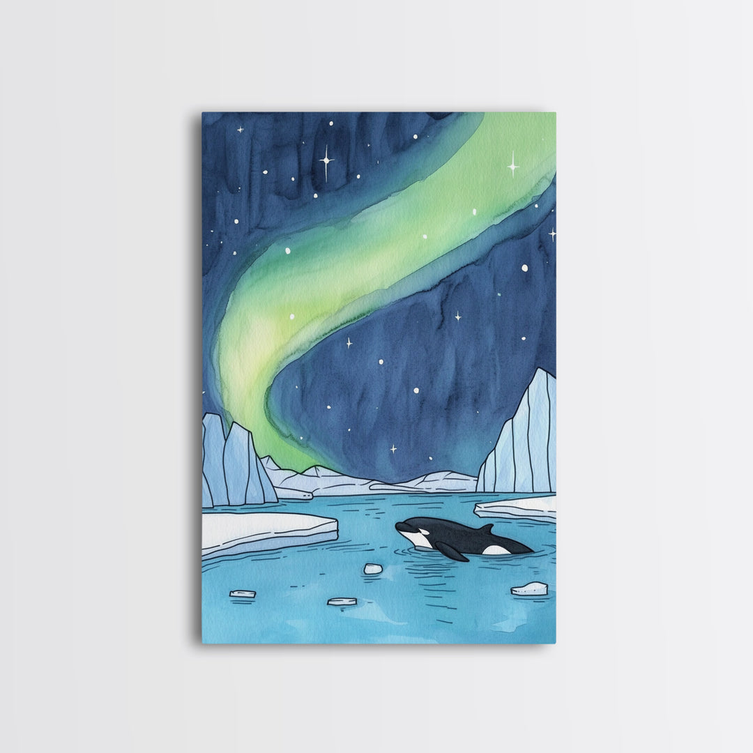 Northern Lights Orca Wall Art, Arctic Ocean Canvas Print, Celestial Coastal Decor, Whale Wildlife Art For Nursery Room Decor