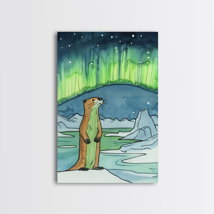 Curious Otter Under Green Aurora Wall Art, Arctic Animal Print, Northern Lights Decor, Whimsical Nursery And Kids Room Art