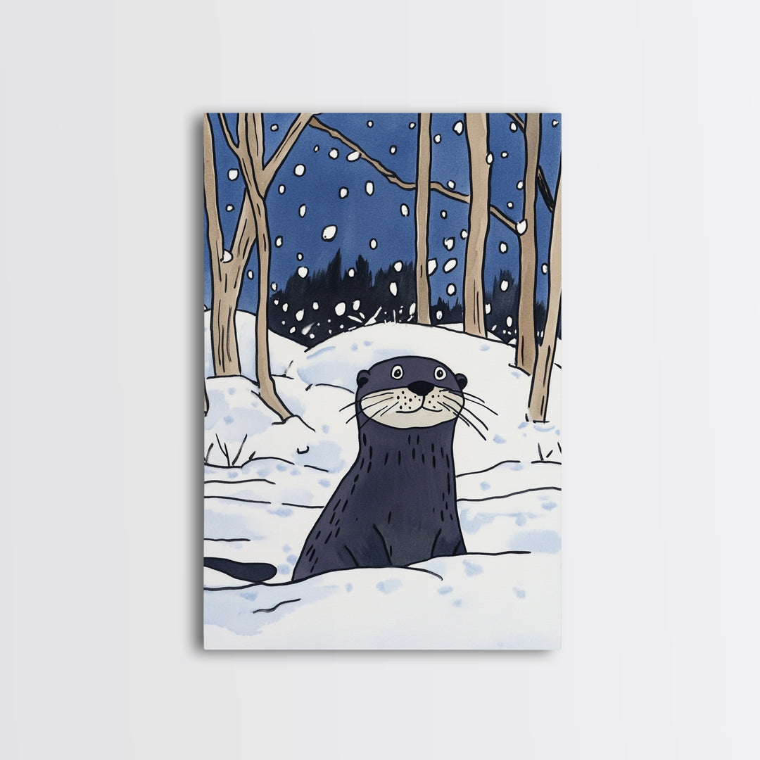 Snowy Forest Otter Wall Art, Winter Animal Print, Whimsical Wildlife Decor, Woodland Nursery Art And Cozy Cabin Decor Gift