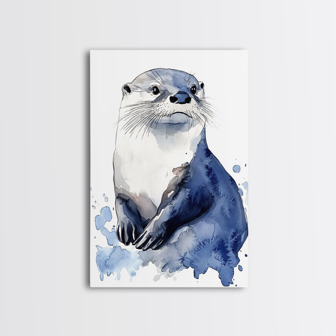 Blue Watercolor Otter Canvas Print, Coastal Animal Art, Wildlife Wall Decor, Nautical Nursery Print And Ocean Lover Gift