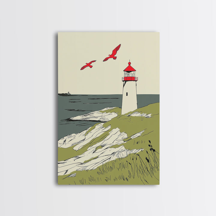 Coastal Lighthouse With Red Birds Wall Art, Nautical Print, Beach House Decor, Seaside Landscape Art And Ocean Wall Decor