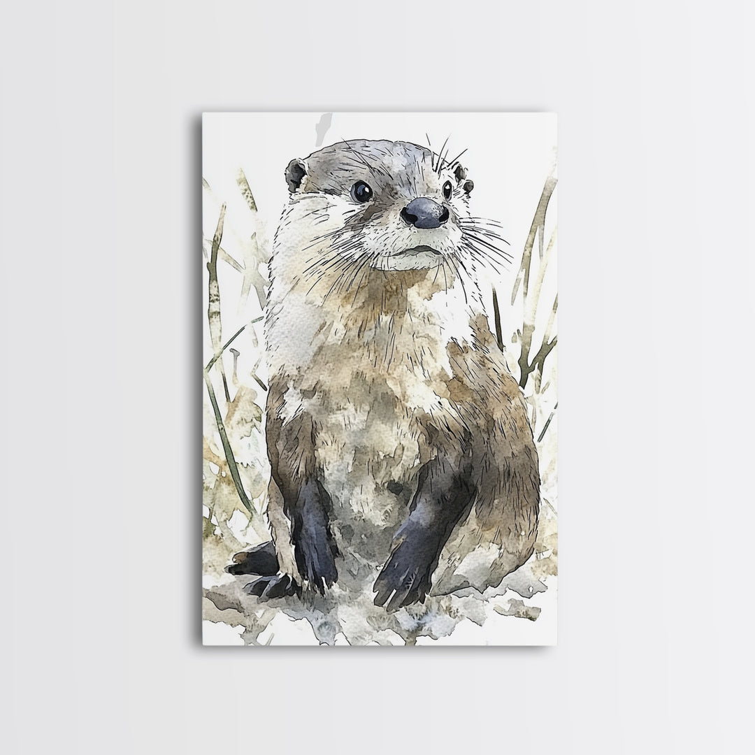 Neutral Watercolor Otter Framed Canvas Print, Wildlife Wall Art, Woodland Animal Decor, Nature Art Print And Housewarming Gift