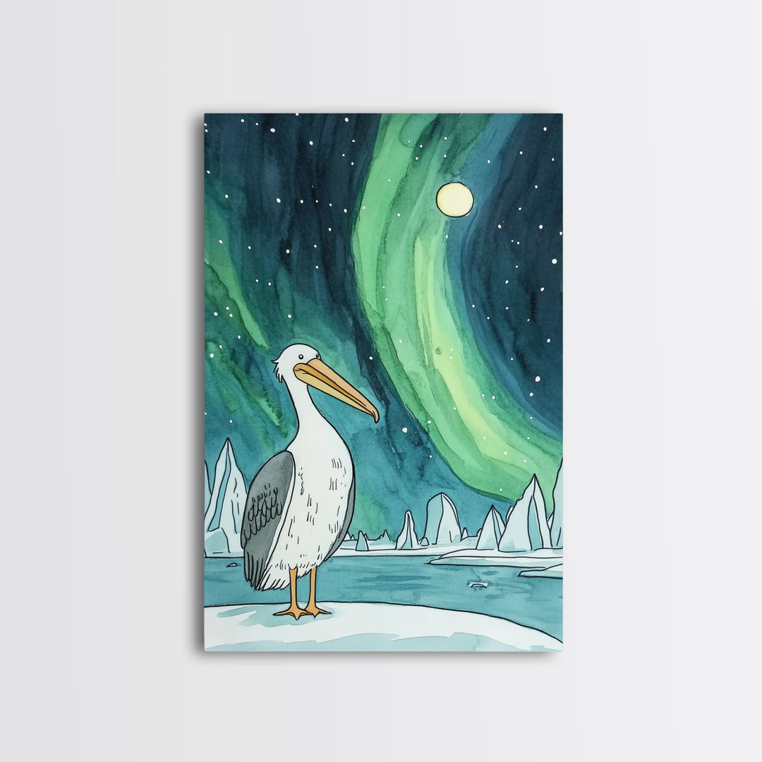 Pelican Under Green Aurora Canvas Print, Northern Lights Wall Art, Arctic Coastal Decor, Bird Lover Gift And Nursery Art