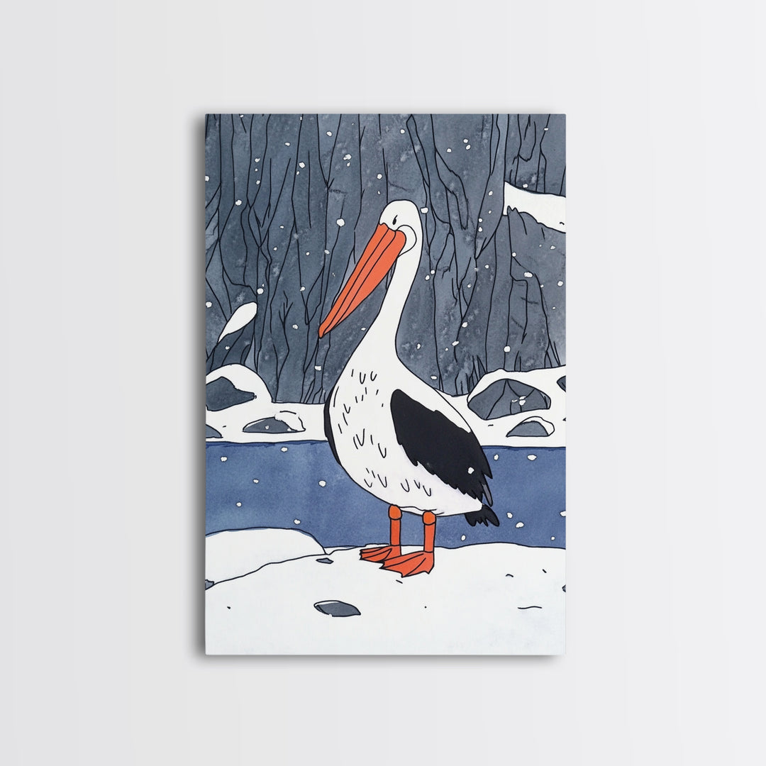 Snowy Pelican In Winter Woods Wall Art, Whimsical Bird Print, Wildlife Decor, Kids Room Art And Cozy Cabin Wall Decor Gift