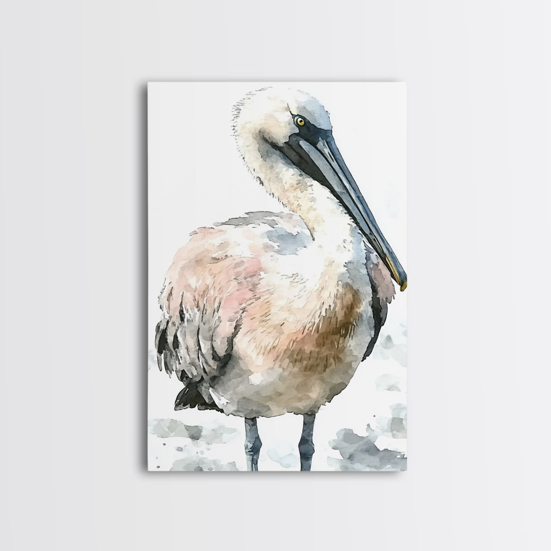 Soft Watercolor Pelican Framed Canvas Print, Coastal Bird Wall Art, Nautical Decor, Ocean Animal Print And Beach House Gift