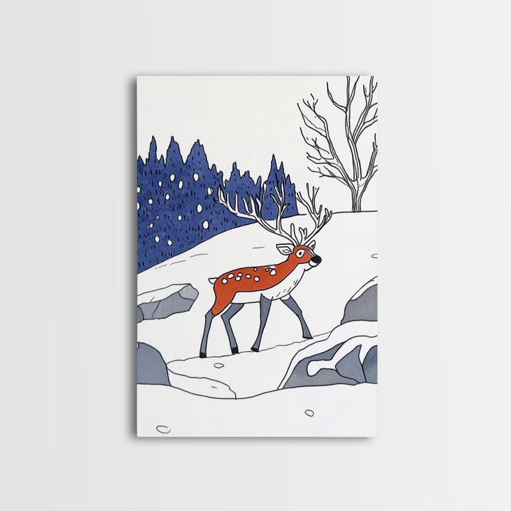 Red Reindeer In Snowy Forest Wall Art, Whimsical Winter Nursery Print, Woodland Animal Decor, Christmas Gift For Kids Room Decor