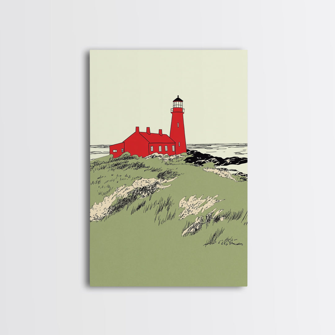 Red Coastal Lighthouse Canvas Print, Nautical Beach House Wall Art, Seascape Landscape Poster, Ocean Home Decor Gift For Her