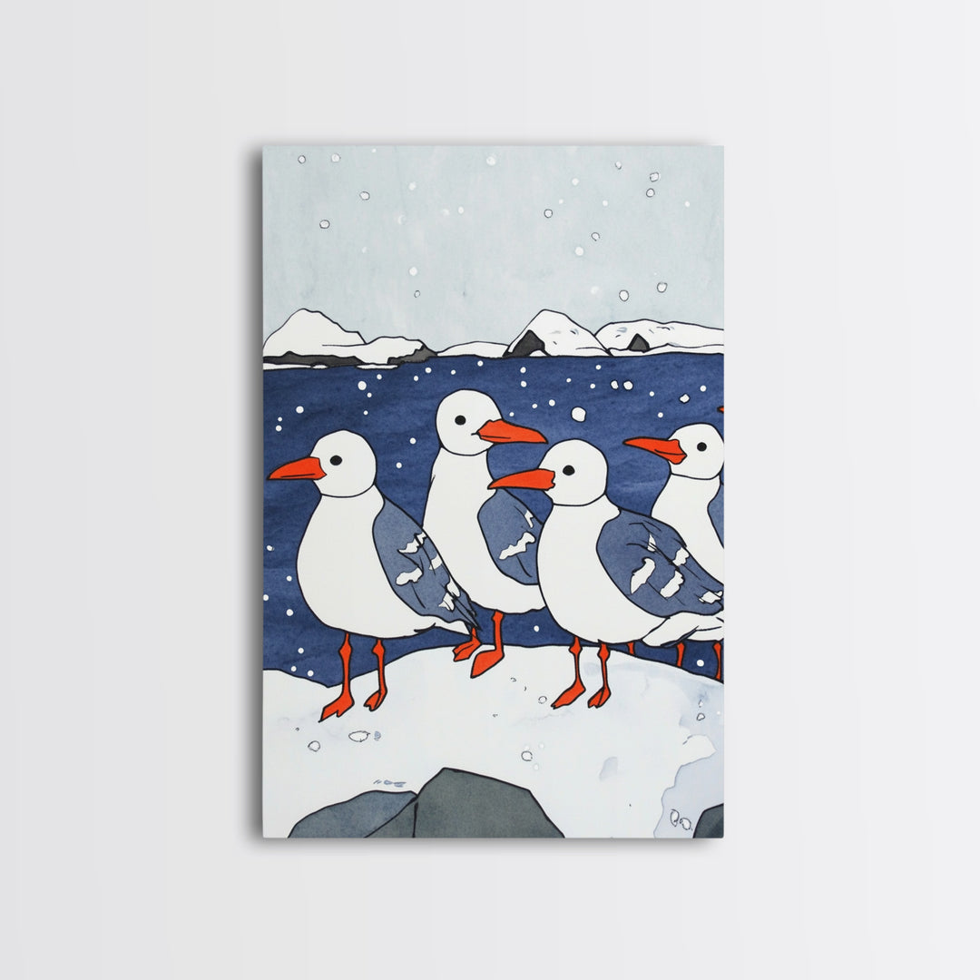 Arctic Seabirds On Snowy Shore Wall Art, Coastal Bird Print, Ocean Nursery Decor, Winter Wildlife Canvas Print Gift For Kids Room