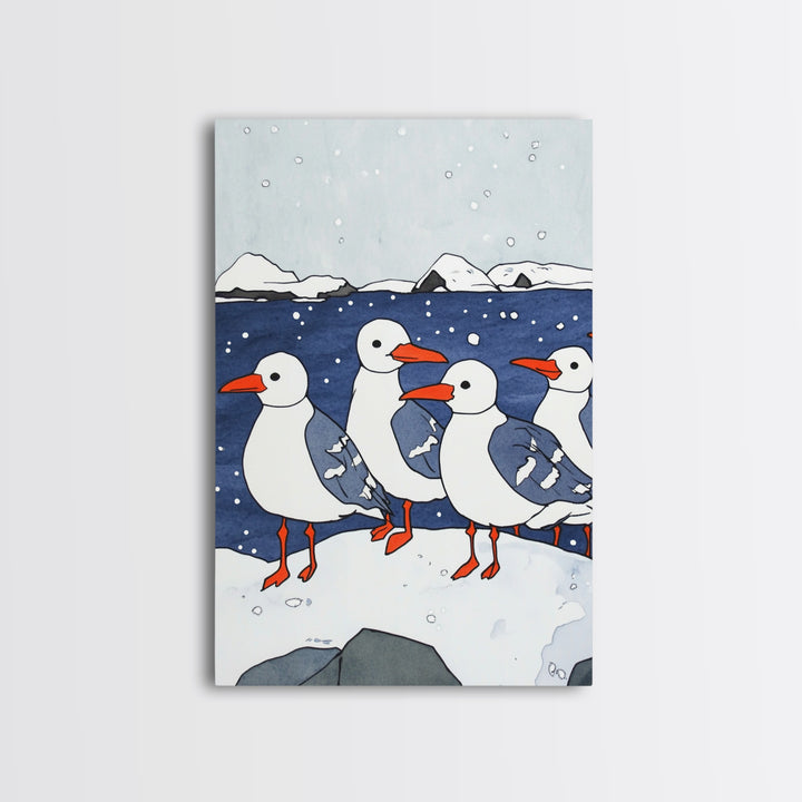 Arctic Seabirds On Snowy Shore Wall Art, Coastal Bird Print, Ocean Nursery Decor, Winter Wildlife Canvas Print Gift For Kids Room