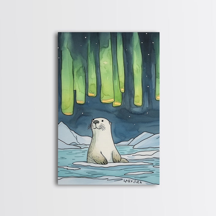 Whimsical Otter Under Northern Lights Wall Art, Arctic Animal Print, Kids Room Decor, Nursery Art, Coastal Nature Decor Gift