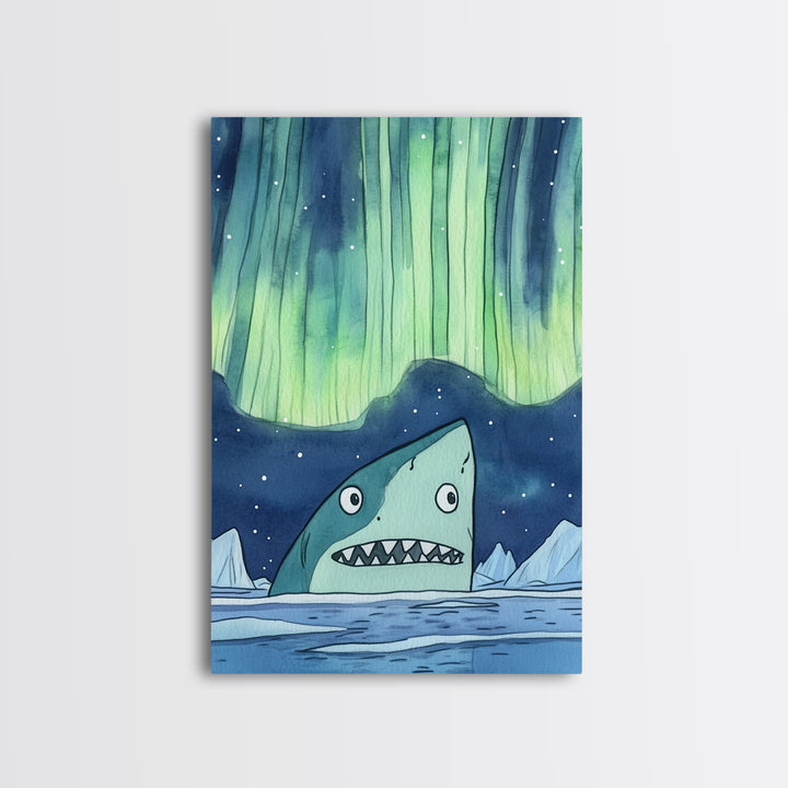 Whimsical Shark Under Northern Lights Wall Art, Arctic Ocean Print, Kids Room Decor, Nautical Nursery Art, Fun Coastal Decor
