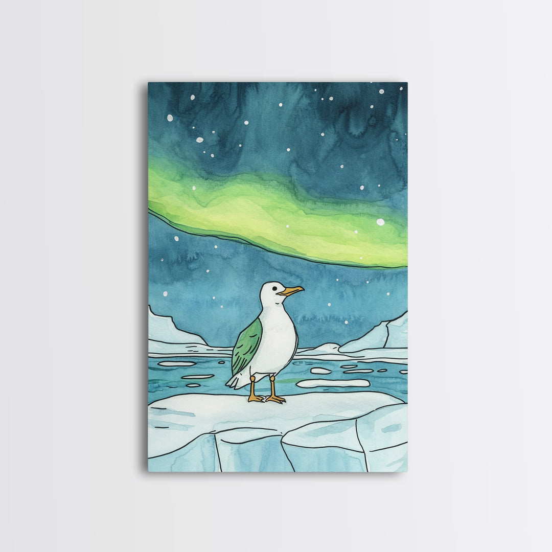 Seagull On Ice Under Aurora Wall Art, Arctic Coastal Bird Print, Ocean Nursery Decor, Nautical Bathroom Art, Beach House Decor