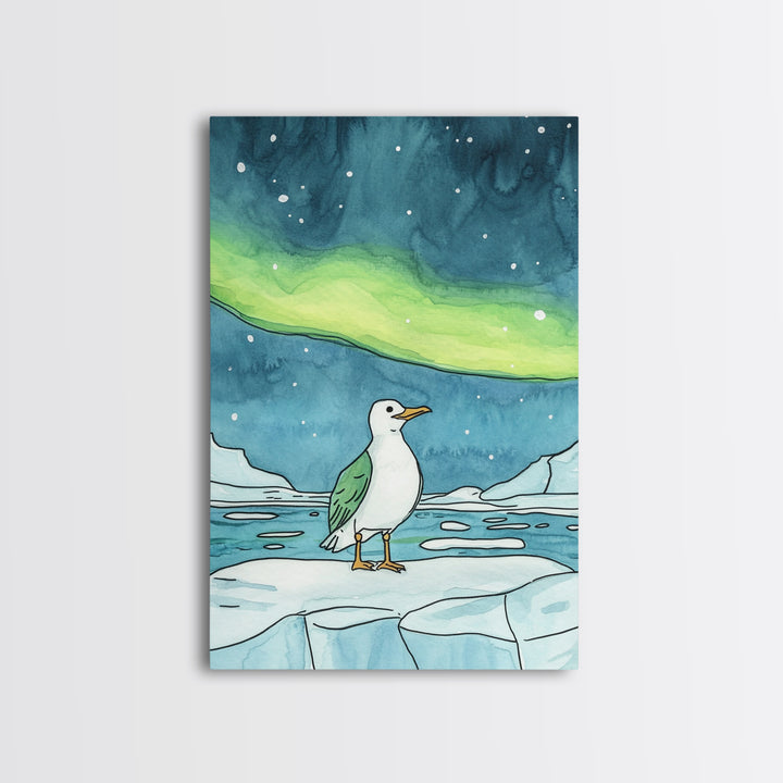 Seagull On Ice Under Aurora Wall Art, Arctic Coastal Bird Print, Ocean Nursery Decor, Nautical Bathroom Art, Beach House Decor