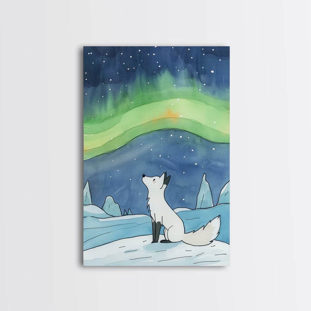 White Arctic Fox Under Aurora Wall Art, Celestial Night Sky Print, Winter Nursery Decor, Whimsical Wildlife Wall Decor, Gift For Her