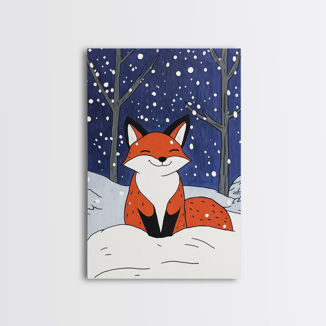 Smiling Red Fox In Falling Snow Wall Art, Cute Woodland Animal Art Print, Winter Nursery Decor, Whimsical Kids Room Decor