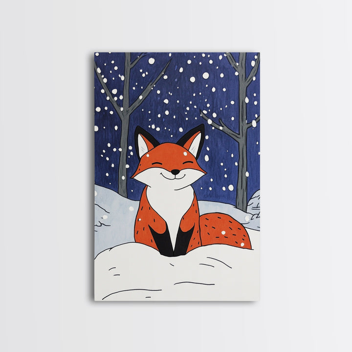 Smiling Red Fox In Falling Snow Wall Art, Cute Woodland Animal Art Print, Winter Nursery Decor, Whimsical Kids Room Decor
