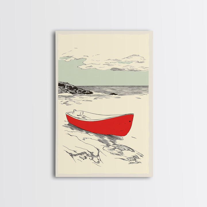 Red Rowboat On Rocky Shore Wall Art, Nautical Coastal Print, Beach House Decor, Seascape Wall Art, Lake House Gift For Him