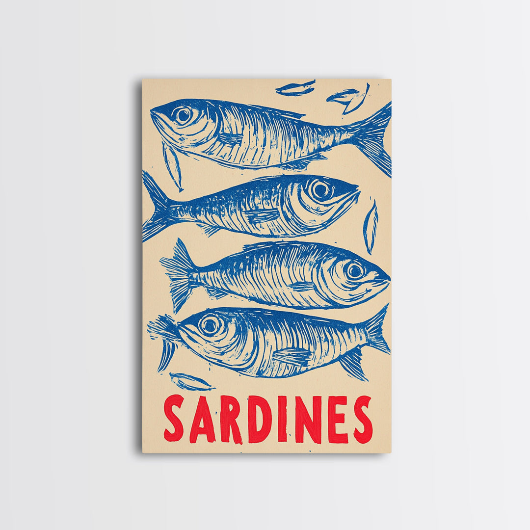 Blue Sardines Seafood Poster Canvas Print, Coastal Kitchen Wall Art, Nautical Wall Decor, Ocean Fish Art For Home Decor Gift