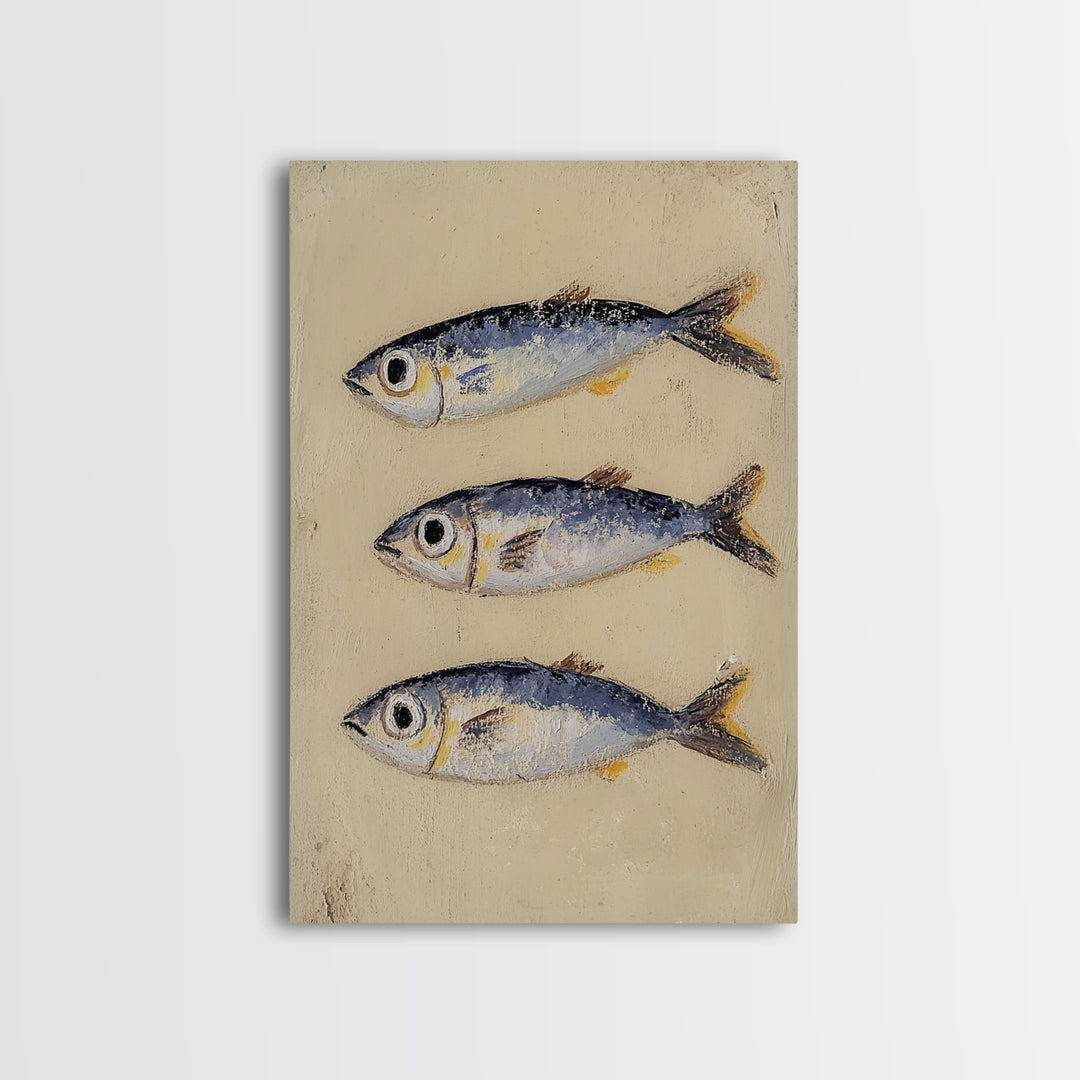 Three Silver Sardine Fish Painting Wall Art, Coastal Kitchen Decor, Nautical Sea Life Canvas, Beach House Gift Print For Home Decor
