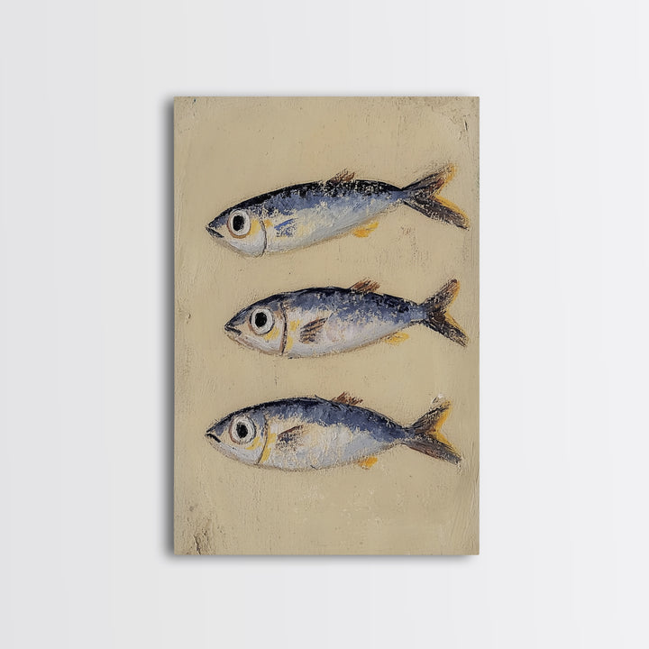 Three Silver Sardine Fish Painting Wall Art, Coastal Kitchen Decor, Nautical Sea Life Canvas, Beach House Gift Print For Home Decor