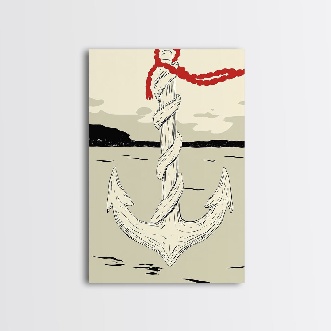 White Rope Anchor Illustration Wall Art, Nautical Coastal Decor, Beach House Canvas Print, Seaside Gift For Him, Ocean Wall Decor