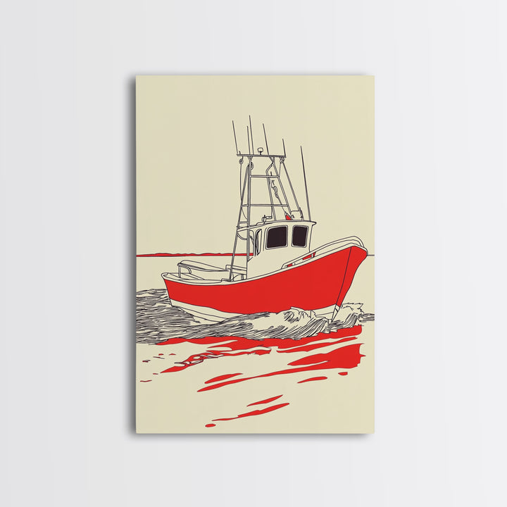 Red Fishing Boat Illustration Canvas Print, Nautical Wall Art, Coastal Beach House Decor, Maritime Gift For Him, Ocean Wall Decor