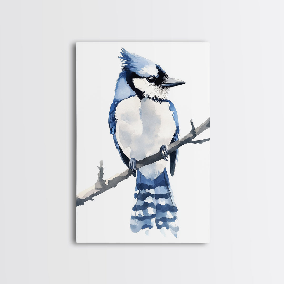 Blue Jay Bird Watercolor Wall Art, Woodland Nature Decor, Bird Lover Gift, Nursery Animal Canvas Print, Coastal Blue Art