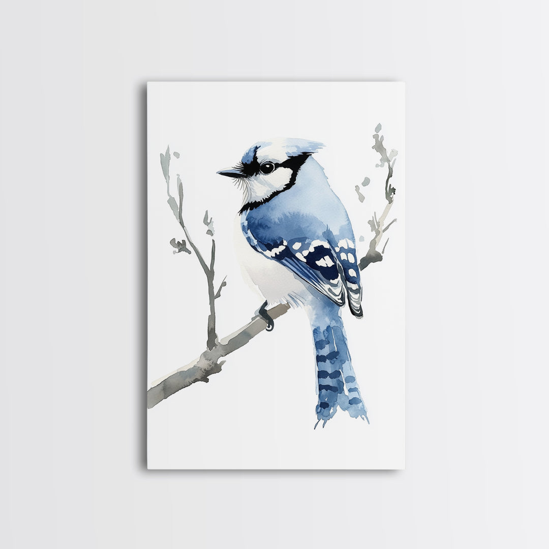 Blue Jay Perched On Branch Wall Art, Watercolor Bird Print, Woodland Nursery Decor, Nature Canvas Print, Bird Lover Gift