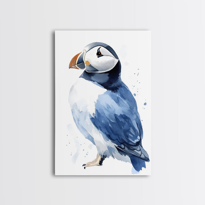 Atlantic Puffin Bird Watercolor Wall Art, Coastal Wildlife Decor, Nautical Canvas Print, Ocean Nursery Gift, Blue Seabird Art