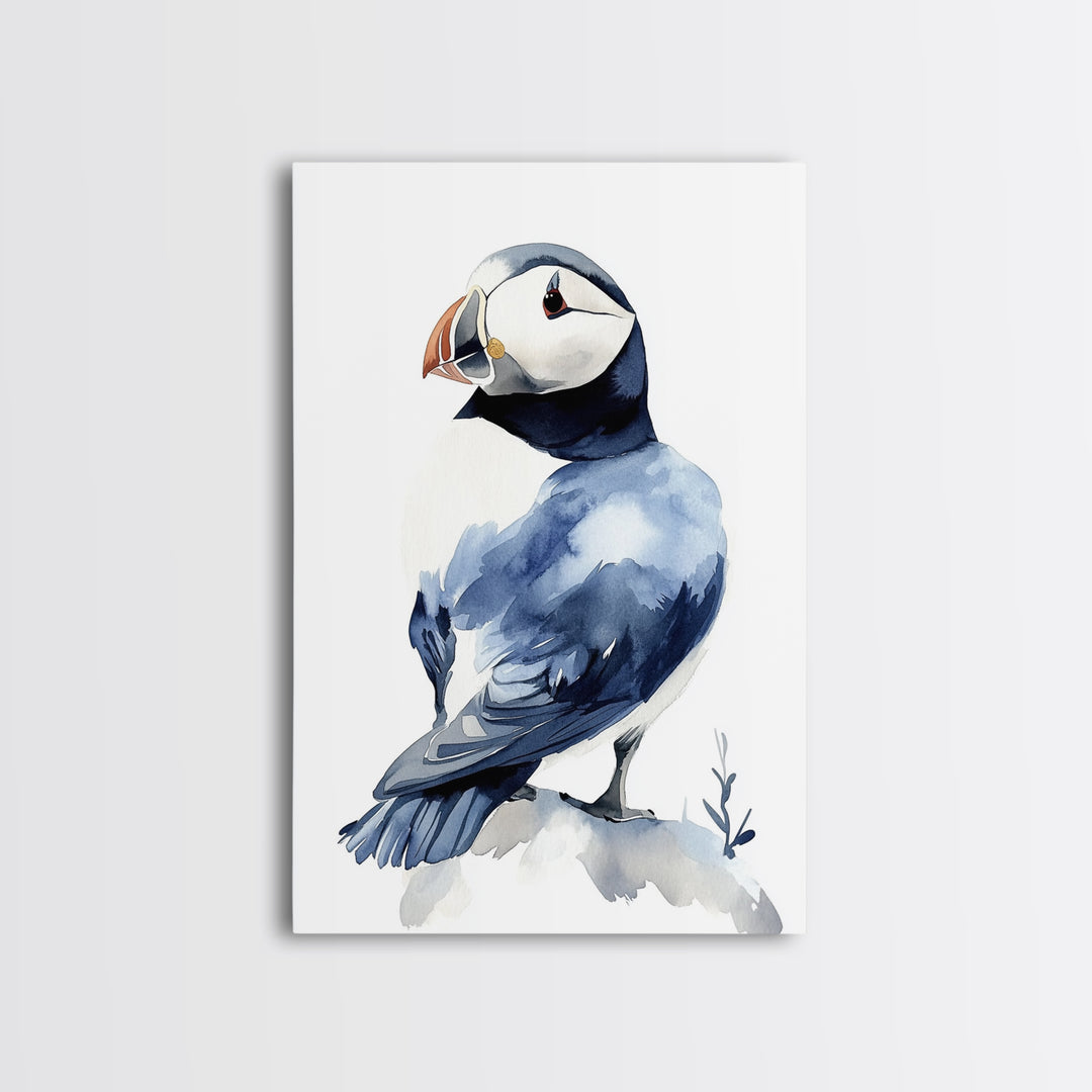 Puffin Bird Watercolor Canvas Print, Coastal Wildlife Wall Art, Nautical Nursery Decor, Ocean Animal Gift, Blue Seabird Art
