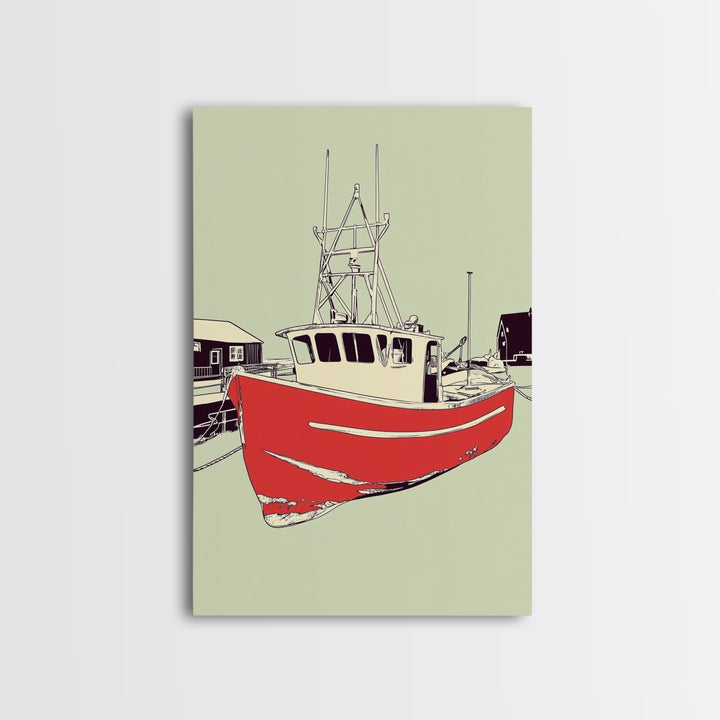 Red Fishing Boat In Harbor Wall Art, Nautical Coastal Canvas Print, Beach House Decor, Maritime Living Room Art Gift For Him