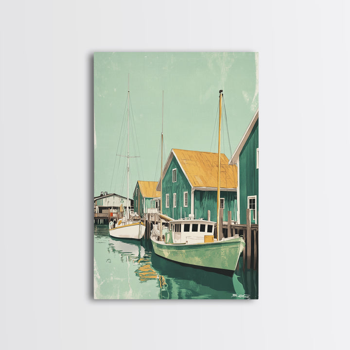 Green Fishing Boats By Dock Framed Canvas Print, Nautical Wall Art, Coastal Home Decor, Beach House Living Room Art Gift