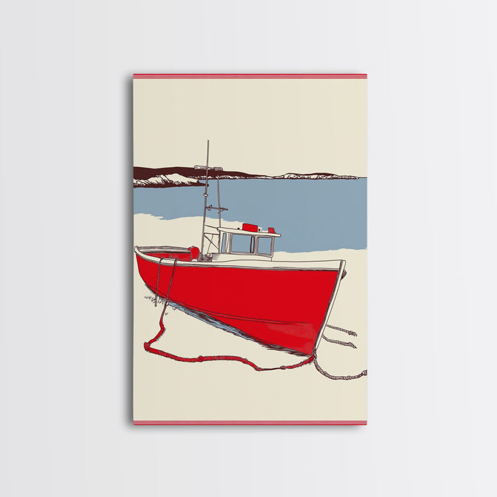 Red Lobster Boat On Blue Bay Wall Art, Nautical Coastal Canvas Print, Beach House Decor, Maritime Seascape Art Gift For Him