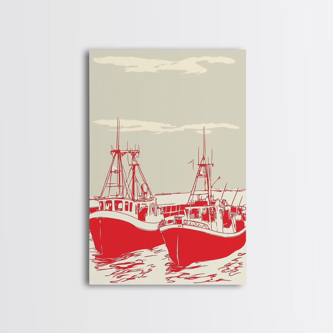Two Red Fishing Boats At Harbor Canvas Print, Nautical Wall Art, Coastal Decor, Maritime Living Room Poster Gift For Him