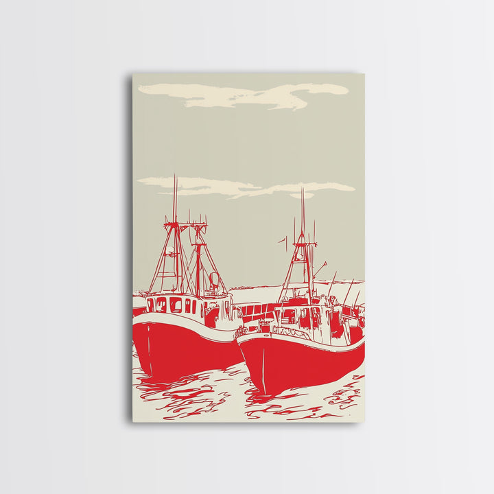Two Red Fishing Boats At Harbor Canvas Print, Nautical Wall Art, Coastal Decor, Maritime Living Room Poster Gift For Him