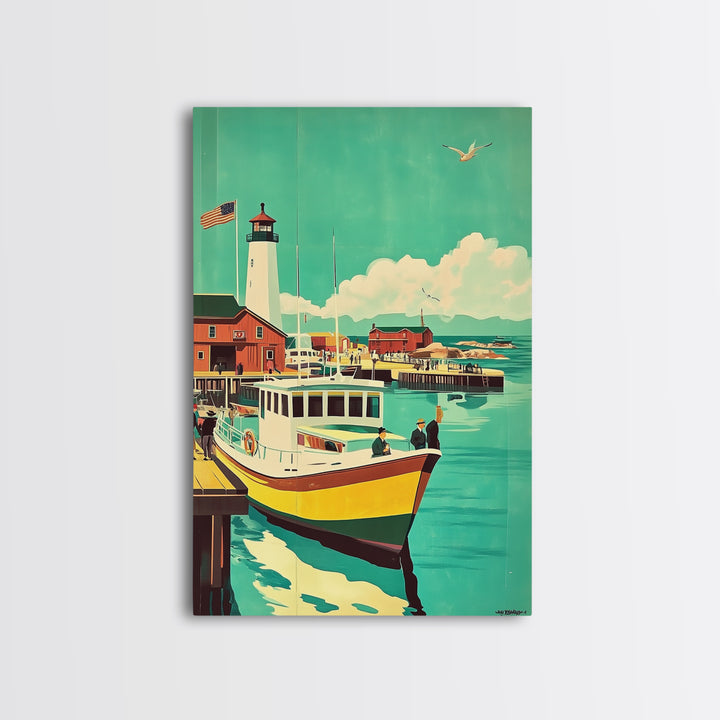 Harbor Boat With Lighthouse Framed Canvas Print, Coastal Wall Art, Nautical Travel Poster, Beach House Living Room Decor