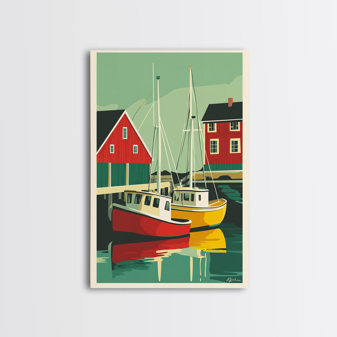 Red And Yellow Boats By Boathouse Wall Art, Nautical Coastal Canvas Print, Scandinavian Harbor Home Decor, Lake House Gift