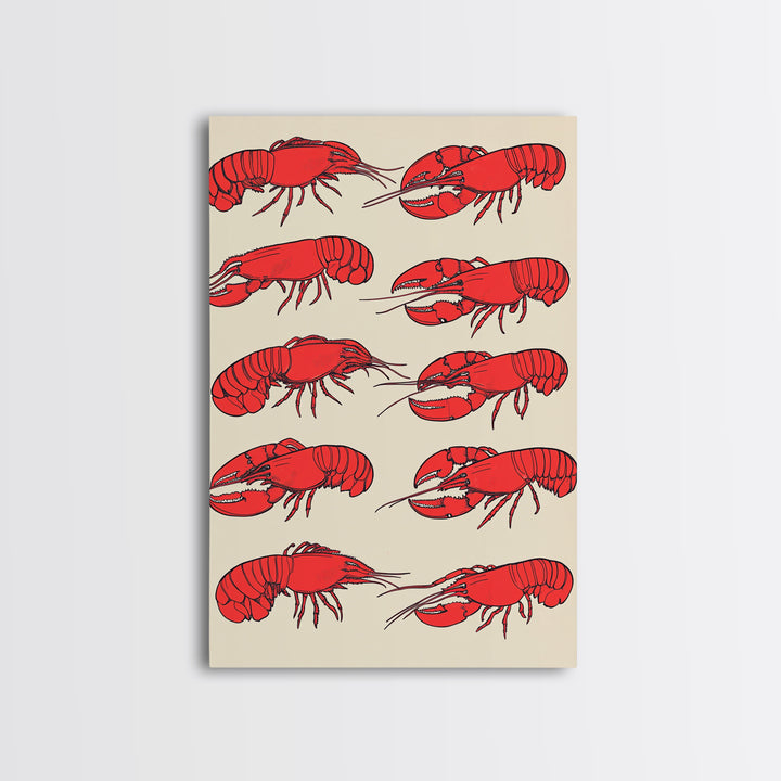 Red Lobster Pattern On Beige Wall Art, Coastal Kitchen Decor, Seafood Print, Nautical Home Decor, Beach House Dining Room Gift