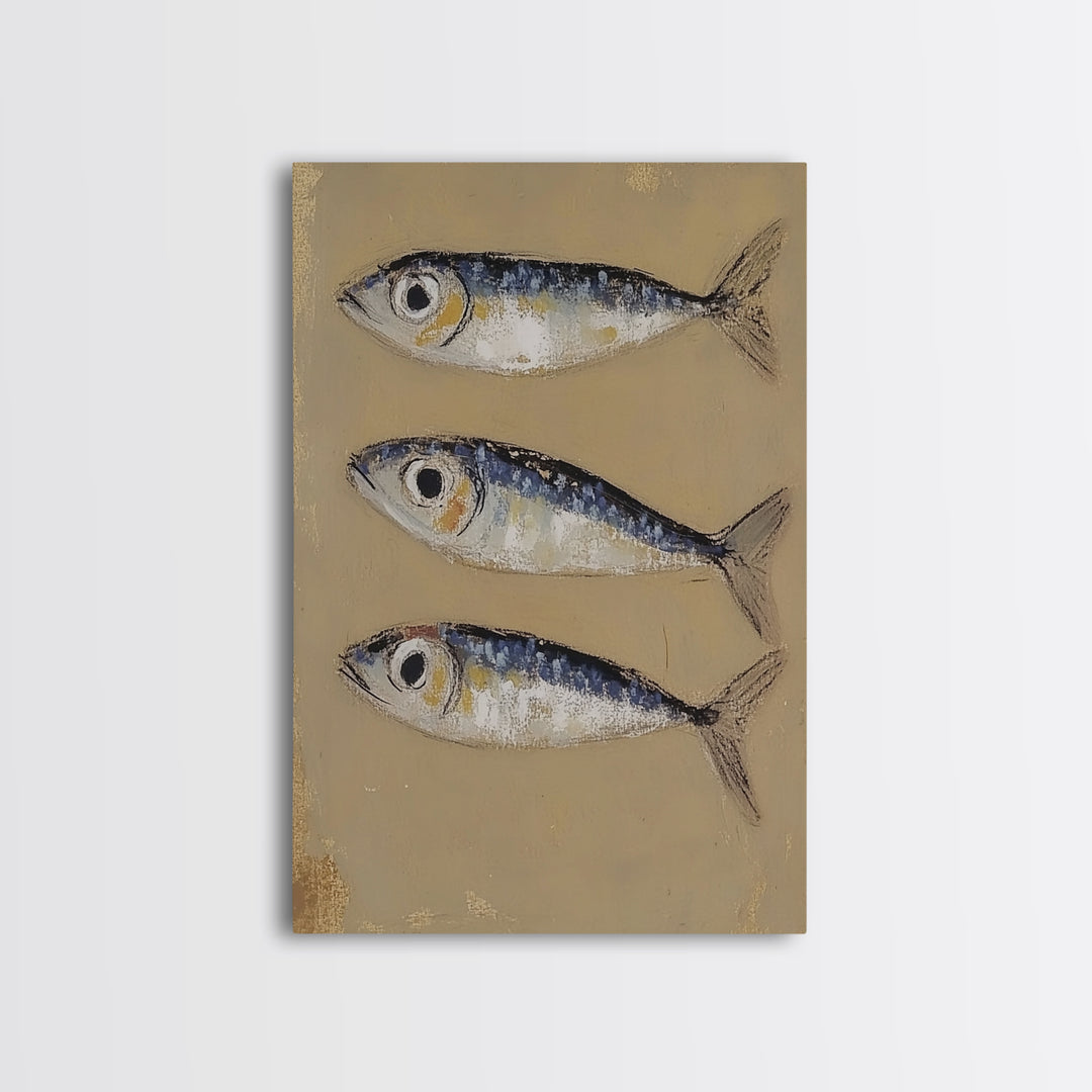 Three Blue Sardines On Beige Canvas Print, Coastal Kitchen Wall Art, Nautical Seafood Decor, Beach House Gift For Dining Room Home Decor