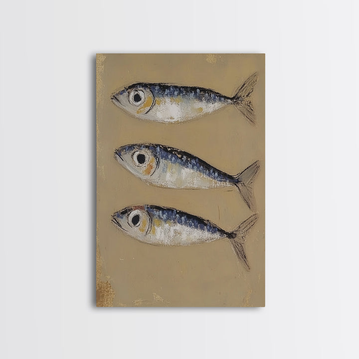 Three Blue Sardines On Beige Canvas Print, Coastal Kitchen Wall Art, Nautical Seafood Decor, Beach House Gift For Dining Room Home Decor