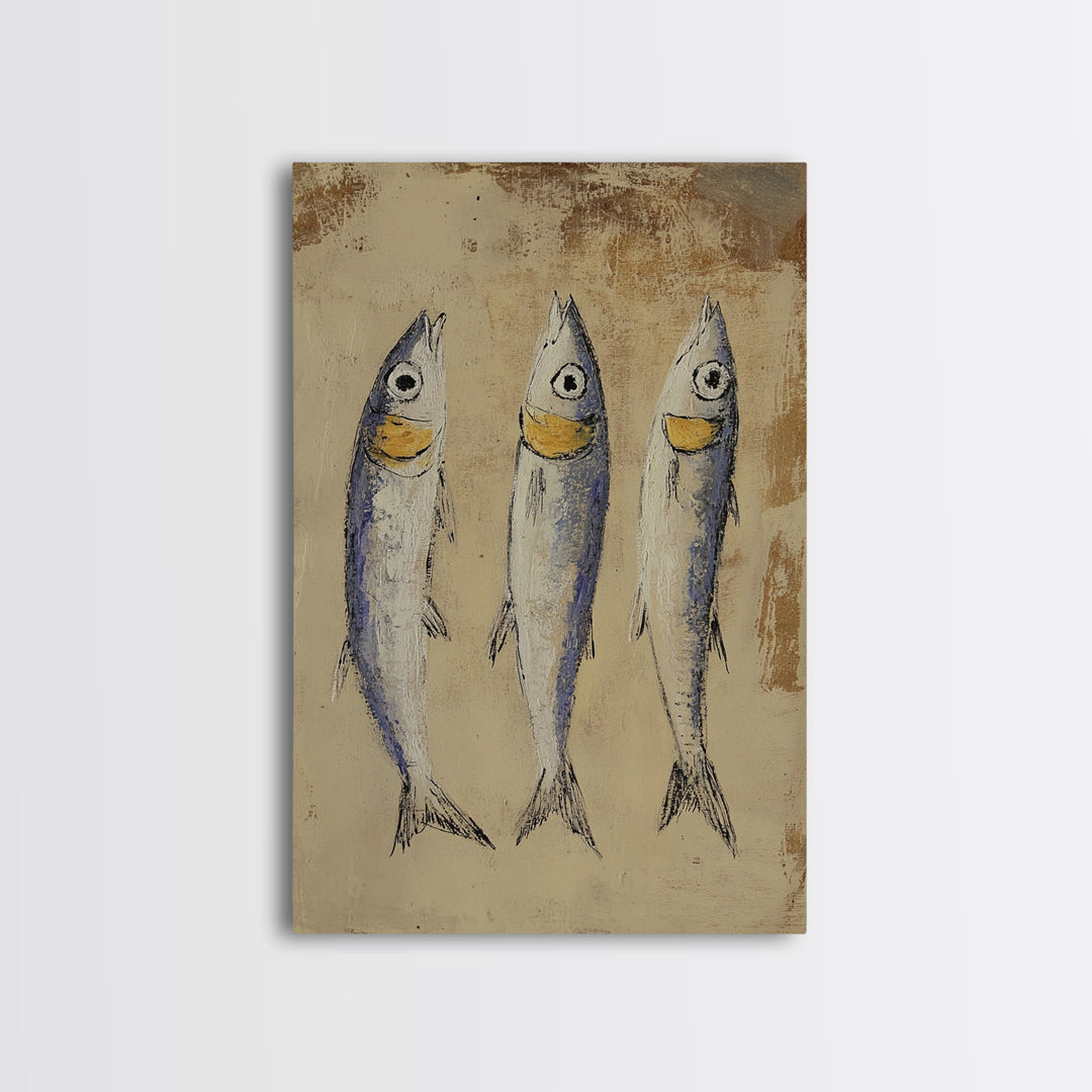 Rustic Three Sardines On Textured Beige Wall Art, Coastal Kitchen Decor, Nautical Fish Canvas Print For Beach House Dining Room