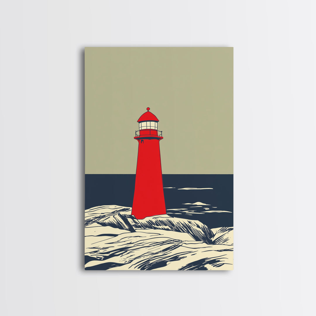 Red Lighthouse By Dark Sea Canvas Print, Nautical Wall Art, Coastal Beach House Decor, Ocean Poster For Living Room Home Decor