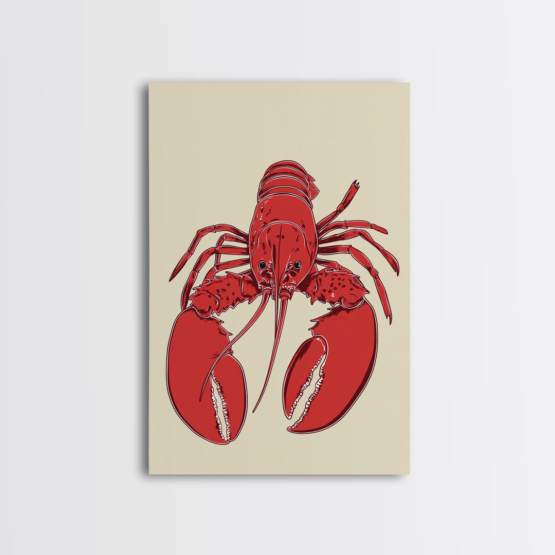 Bold Red Lobster Illustration Canvas Print, Coastal Kitchen Wall Art, Nautical Seafood Decor, Beach House Gift For Food Lovers
