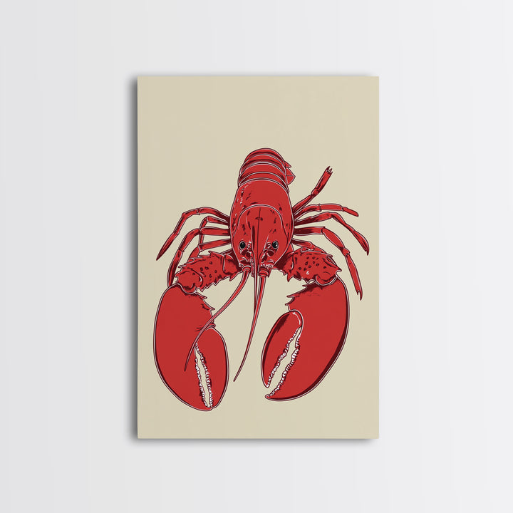 Bold Red Lobster Illustration Canvas Print, Coastal Kitchen Wall Art, Nautical Seafood Decor, Beach House Gift For Food Lovers