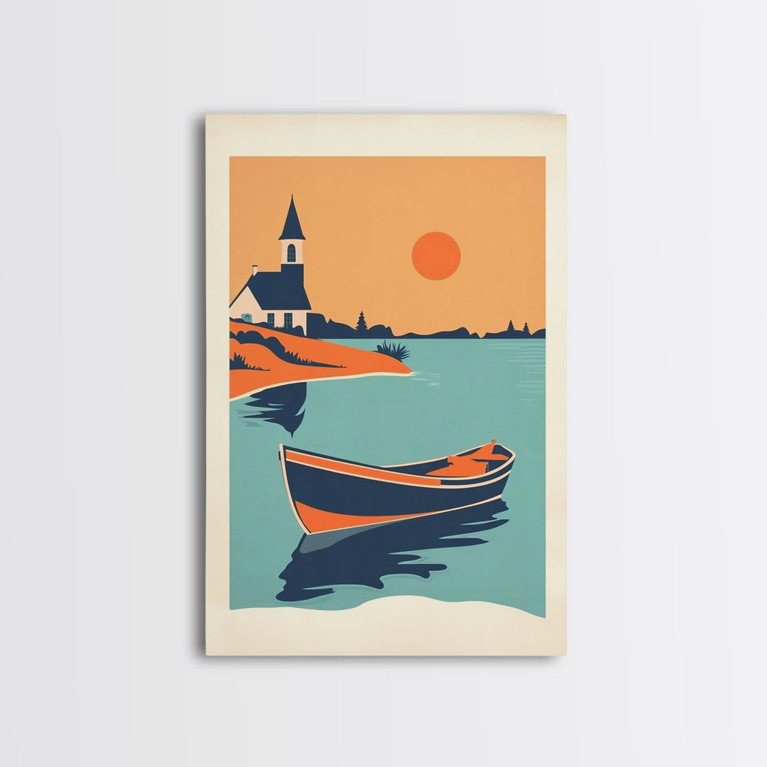 Orange Sunset Boat And Church Wall Art, Coastal Travel Poster, Lake House Decor, Nautical Canvas Print, Summer Beach Gift
