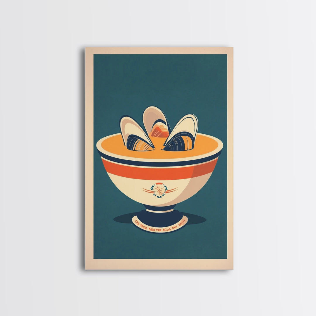 Retro Mussel Bowl Seafood Canvas Print, Coastal Kitchen Wall Art, Nautical Dining Room Decor, Shellfish Art Print Gift For Foodie