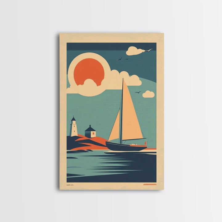 Art Deco Sailboat Lighthouse Sunset Wall Art, Coastal Travel Poster, Nautical Canvas Print, Beach House Decor Gift For Her