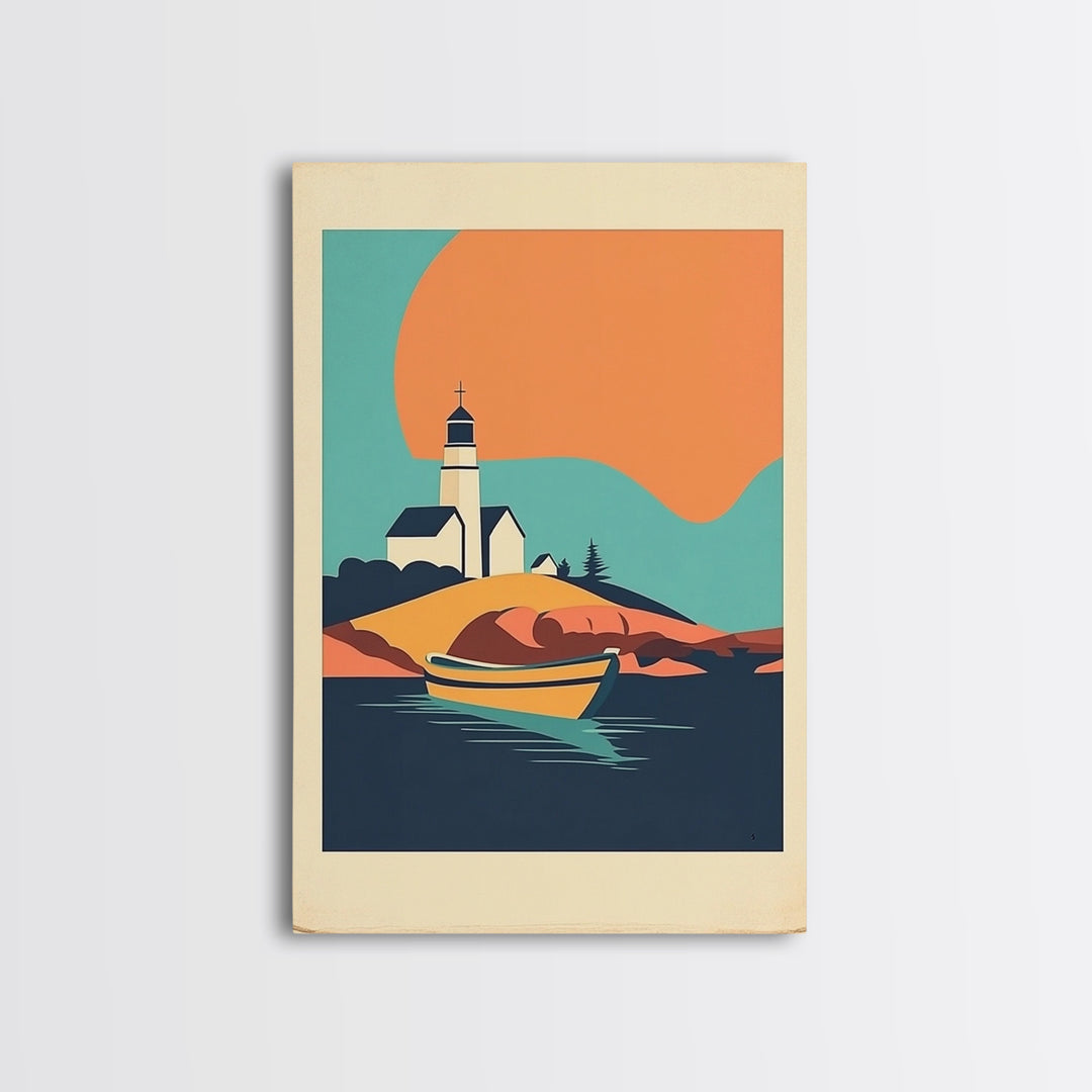 Lighthouse Cove With Rowboat Framed Canvas Print, Coastal Wall Art, Nautical Lake House Decor, Sunset Travel Poster Gift