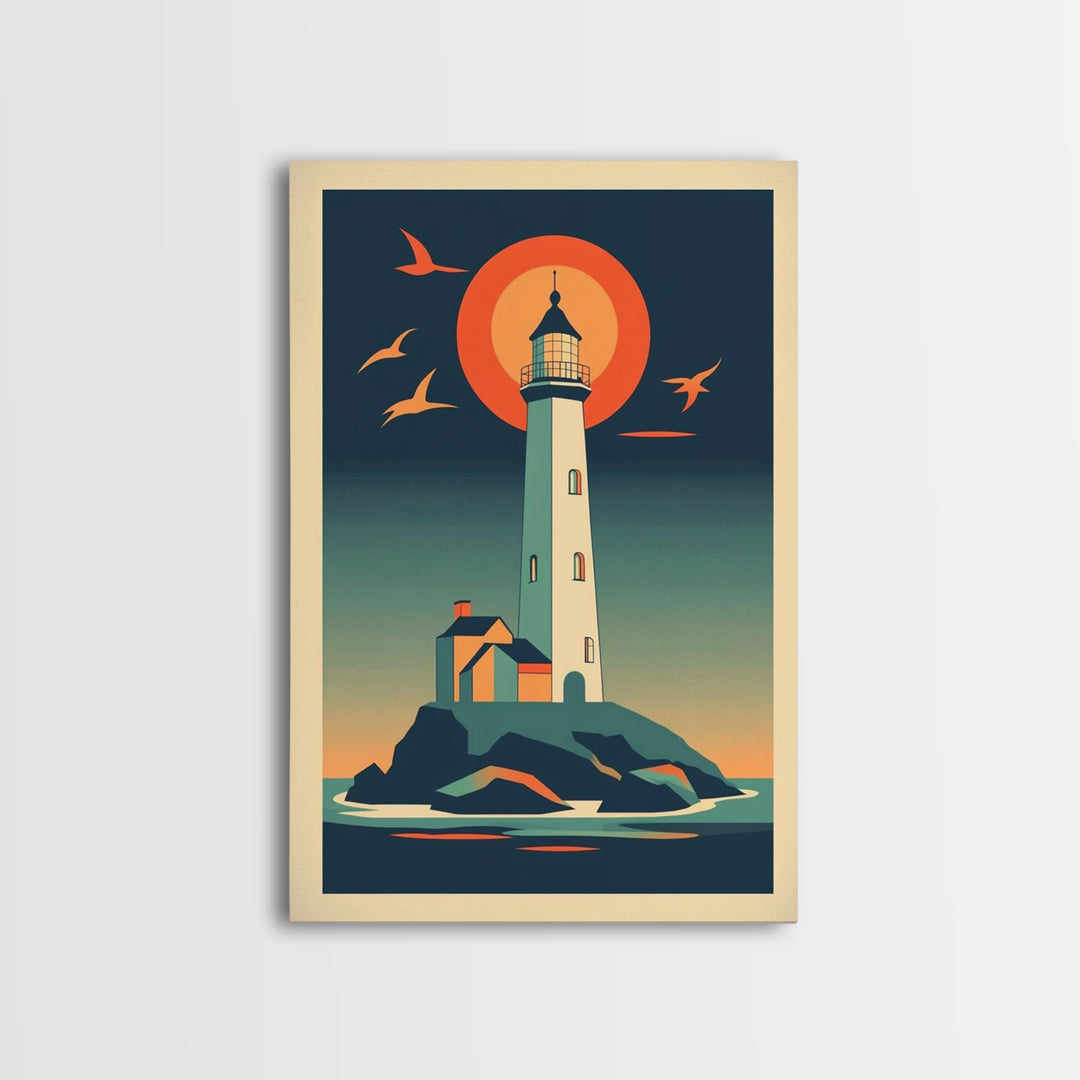 Retro Lighthouse At Sunset With Orange Sun And Seabirds Wall Art, Coastal Wall Decor, Nautical Art Print, Beach House Decor
