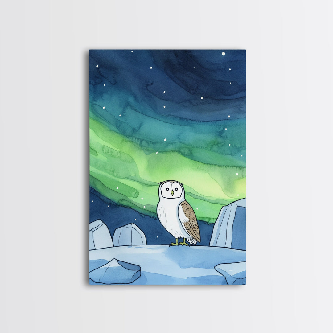 Snowy Owl Under Northern Lights Wall Art, Aurora Sky Canvas Print, Celestial Wall Decor, Arctic Nursery Art, Nature Gift